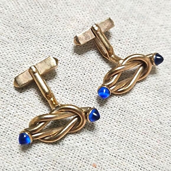 Vintage Swank 30s Blue Glass Tipped Gold Filled Cufflinks Tie Clip Set - Picture 7 of 9